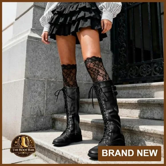 Women's Knee High Combat Boots with Buckles & Zipper Size 7